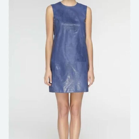 Vince Blue Leather Sleeveless Exposed Zipper Shift Dress Sz 4 Preowned - Picture 3 of 7